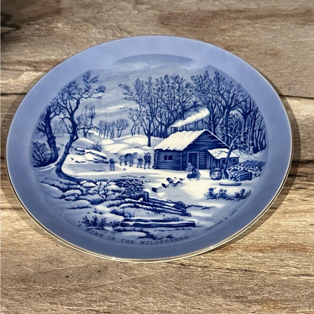 CURRIER & IVES Decorative Plate "A HOME IN THE WILDERNESS" Japan Blue White